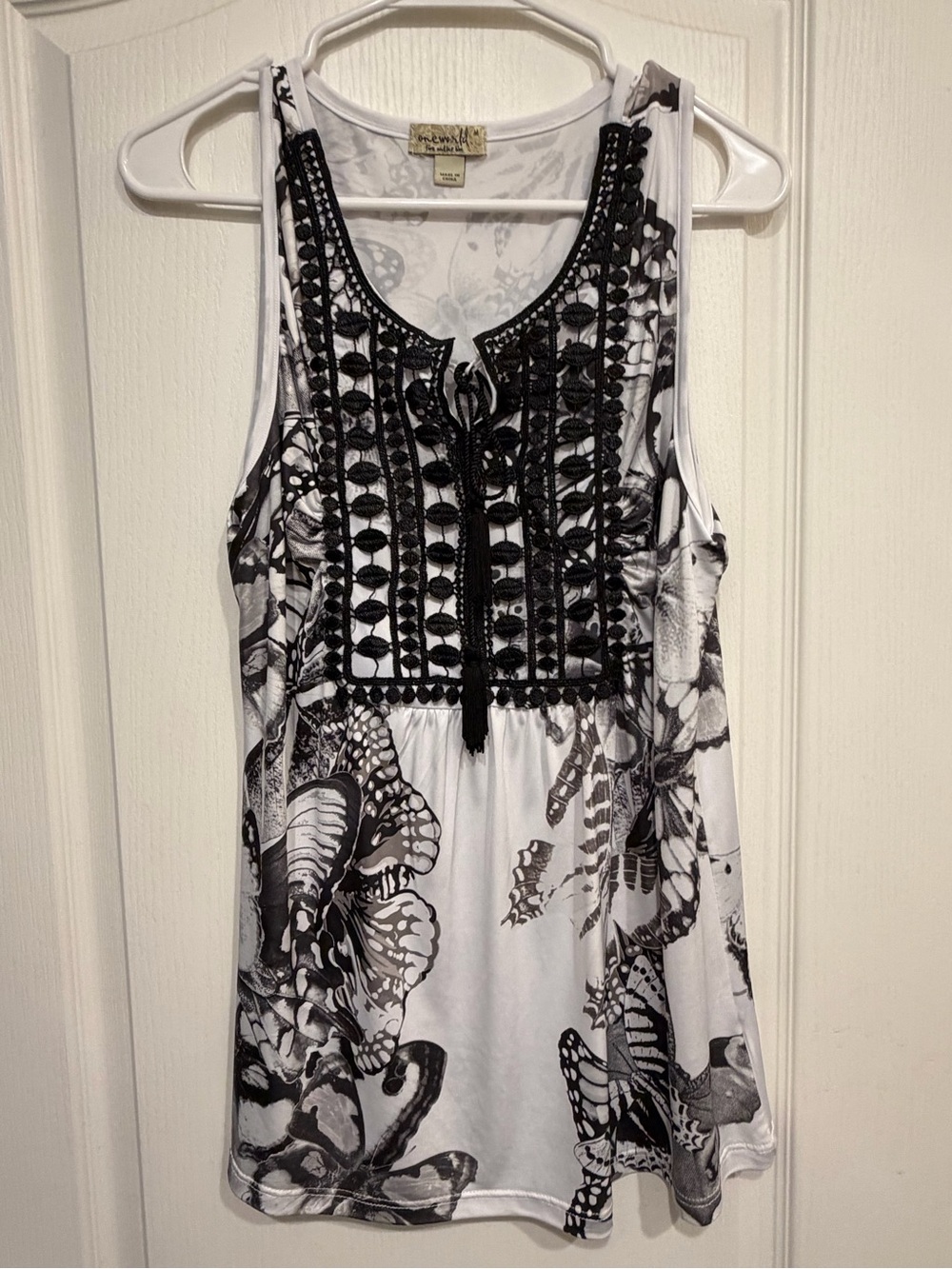 ONE WORLD Black and White Embroidered Tank Top